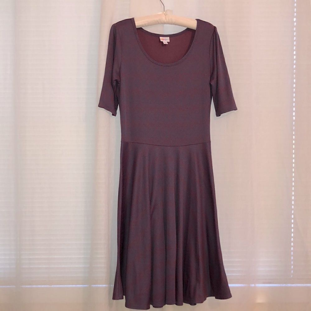 LuLaRoe Nicole L Indigo Red Quarter Puff Sleeve Fit and Flare A-Line Dress